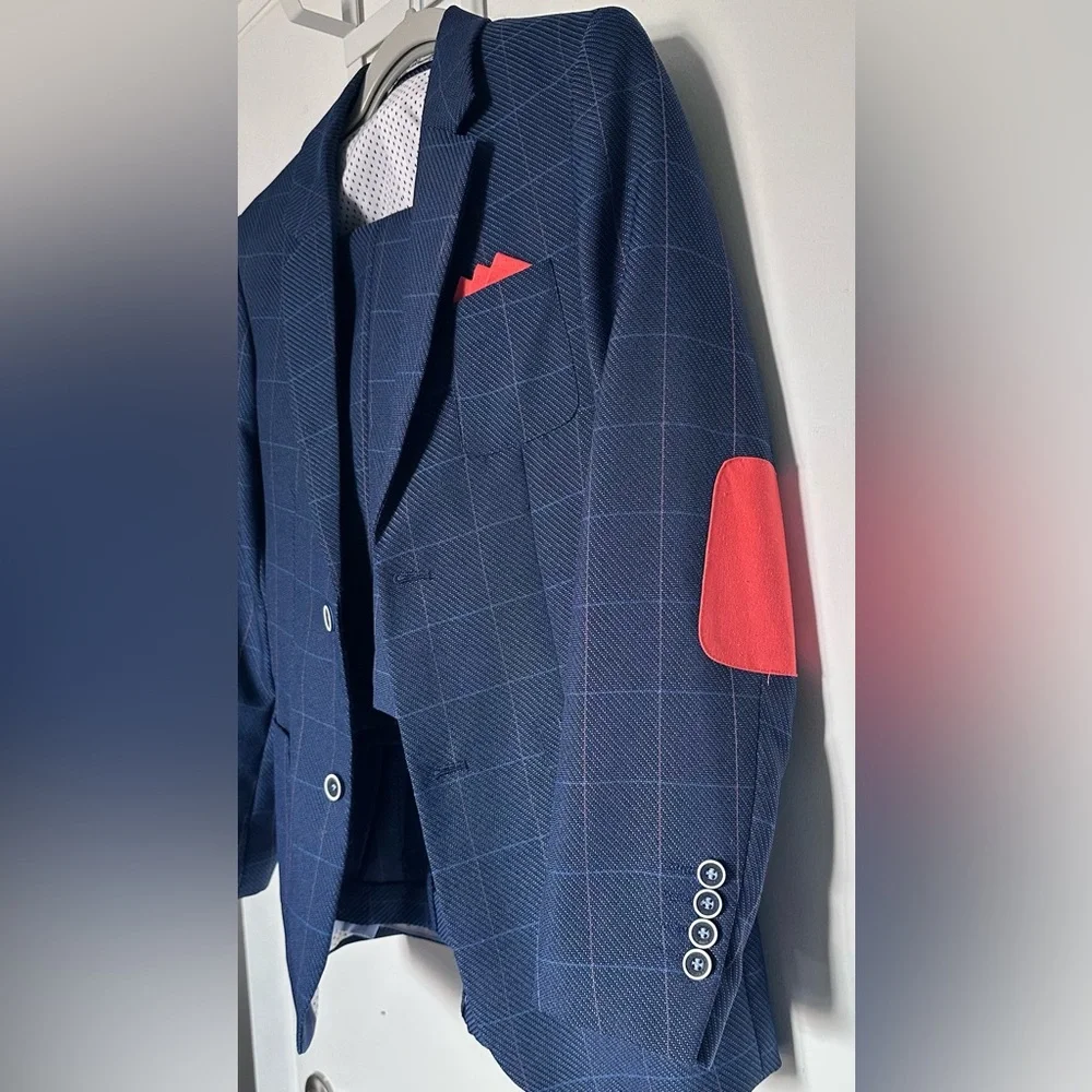 Boys English Laundry Navy & Orange Checkered Suit - Blazer & Pants